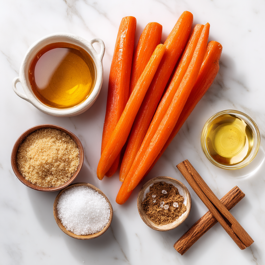 Ingredients flat-lay for honey glazed carrots recipe including baby carrots, honey, brown sugar, coconut oil, and cinnamon