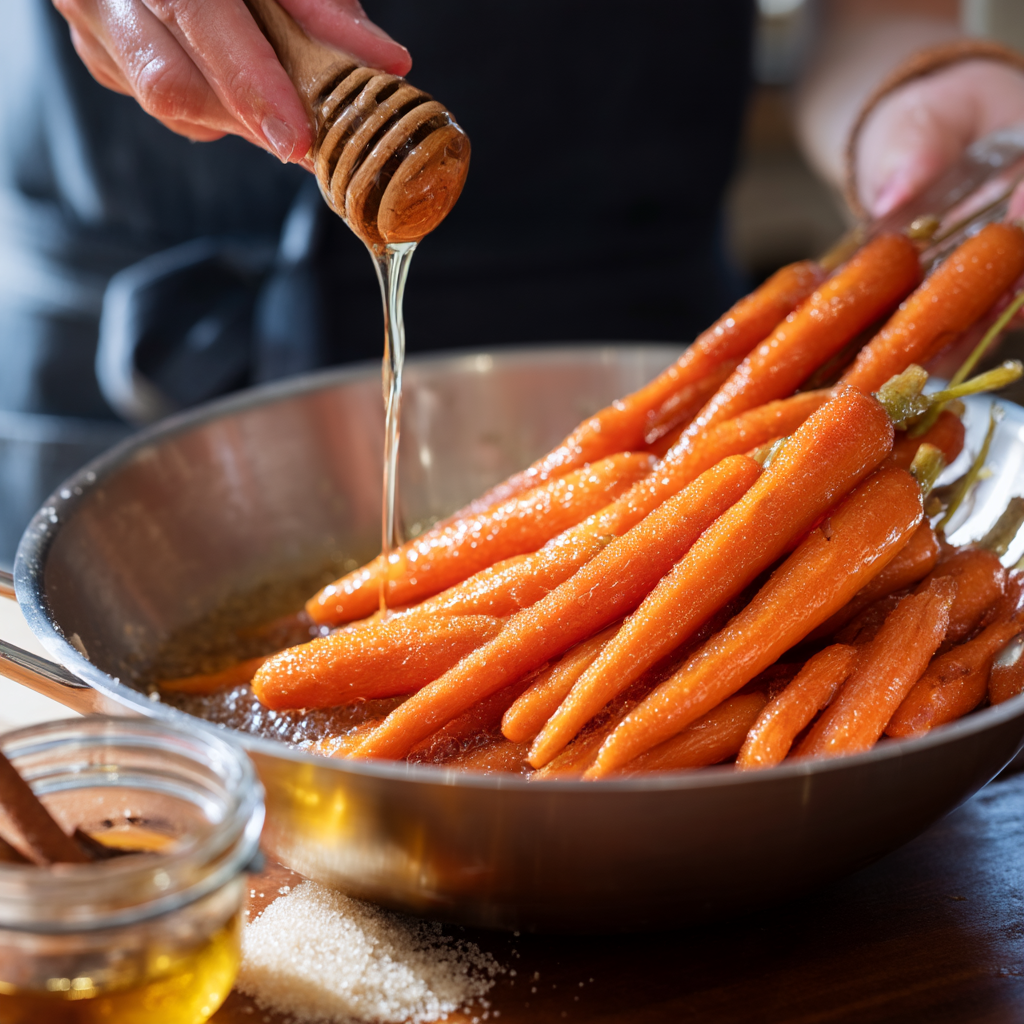 Hands adding baby carrots to a skillet with melted coconut oil during honey glazed carrots recipe preparation
