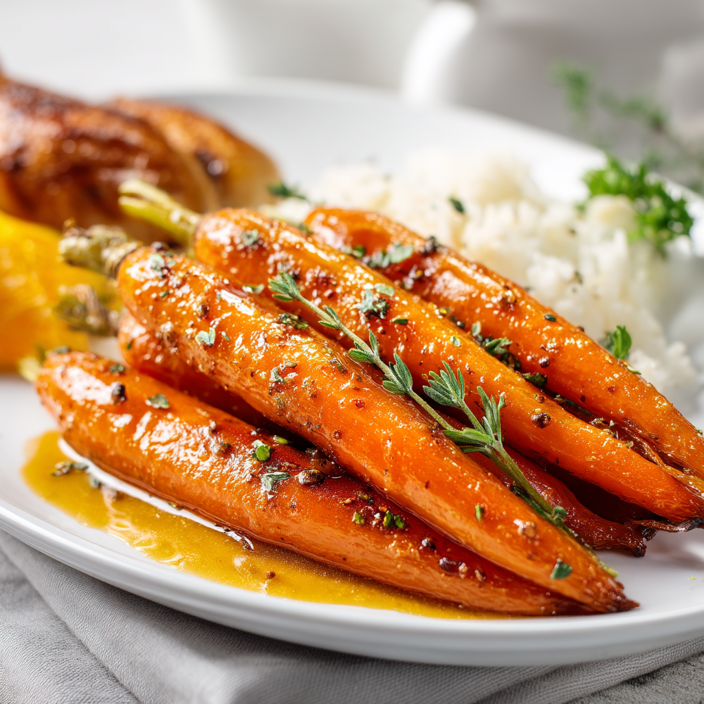 Honey glazed carrots served on a dinner table alongside a main course showing the complete meal presentation