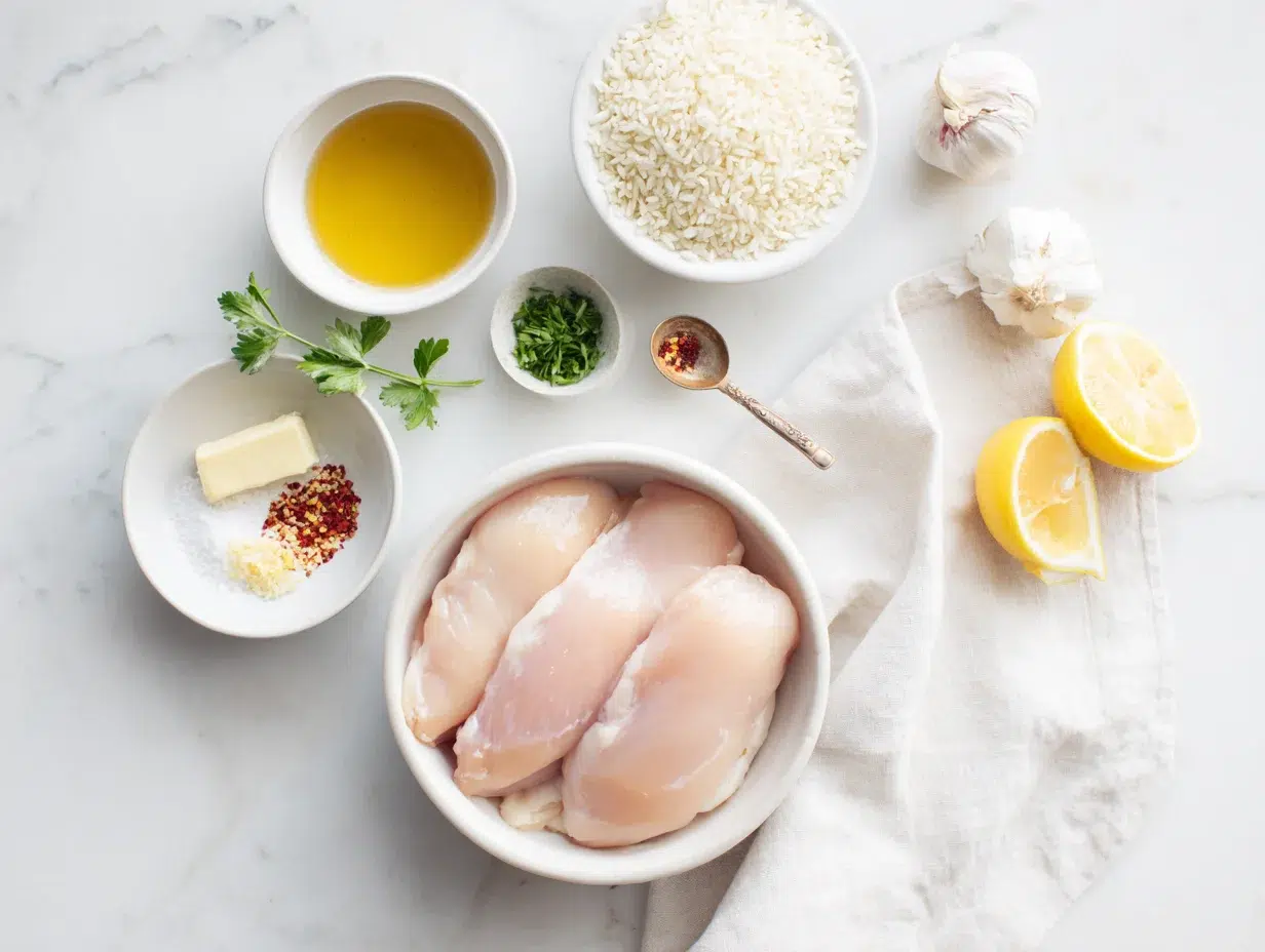 Irresistible Chicken Scampi Garlic: 1 Meal 13 All ingredients measured and laid out on a cutting board