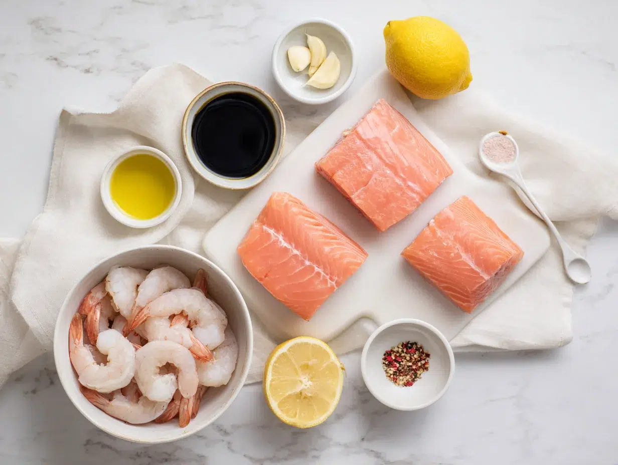 All ingredients measured and laid out on a cutting board