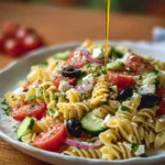 Colorful bowl of Mediterranean Pasta Salad with fresh vegetables and olives