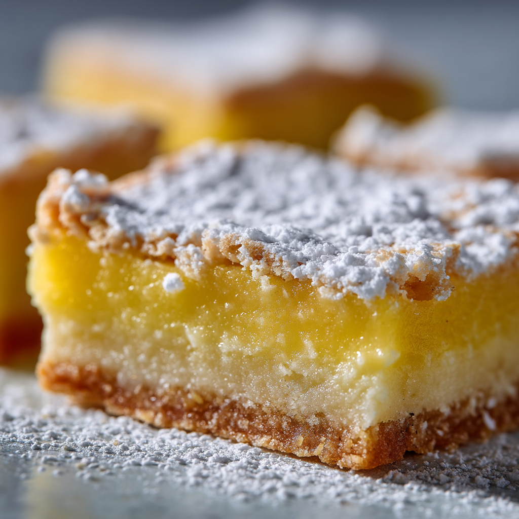 Close-up of perfectly set lemon bar filling showing smooth custard texture dusted with powdered sugar