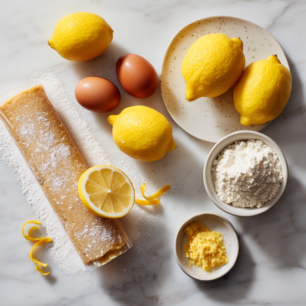 Lemon bars recipe ingredients flat lay showing sugar cookie dough, lemons, eggs, flour, and powdered sugar on a marble countertop