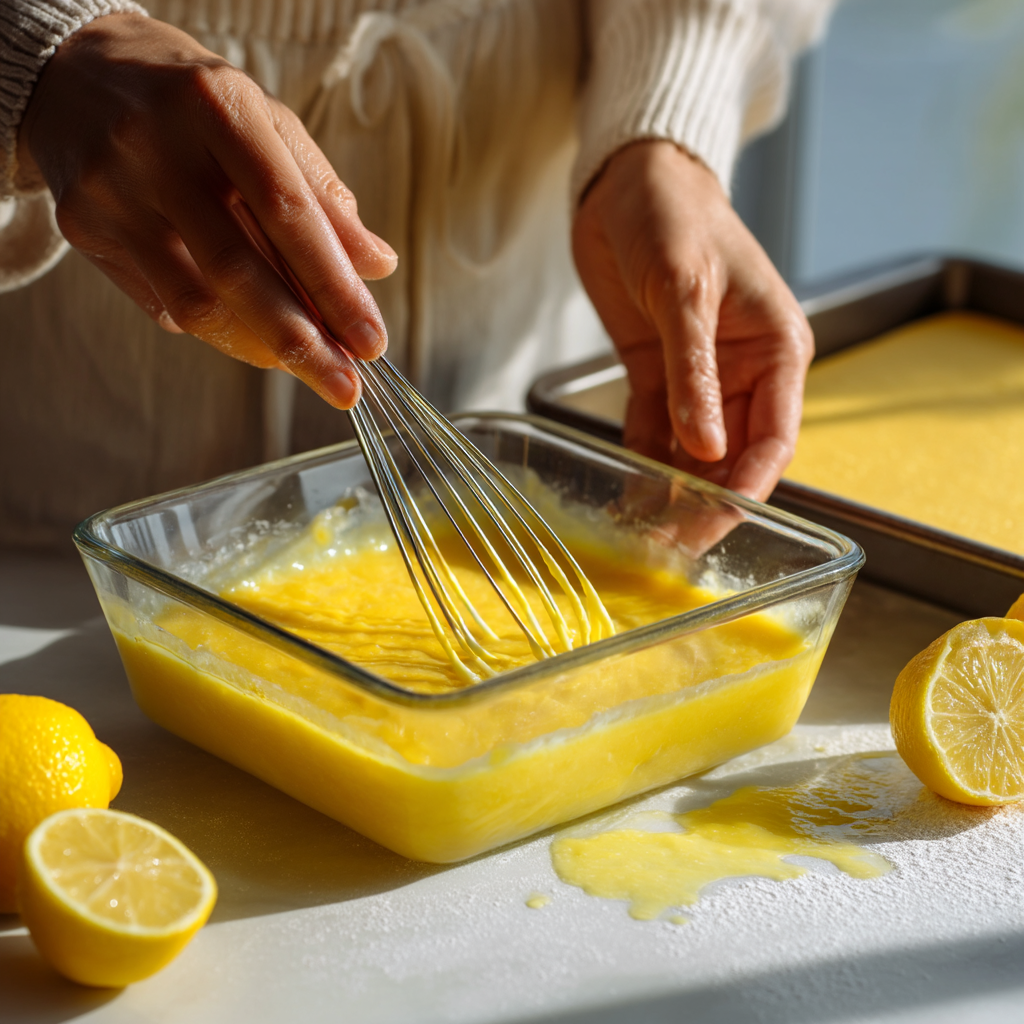 Hands pressing sugar cookie dough into a 9-inch square baking pan for lemon bars recipe