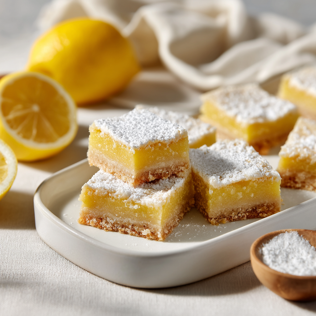 Lemon bars served on a white platter alongside fresh berries and tea for a spring dessert spread - lemon bars recipe