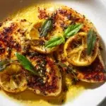 lemon chicken recipe hero shot 45 degree angle on bright table