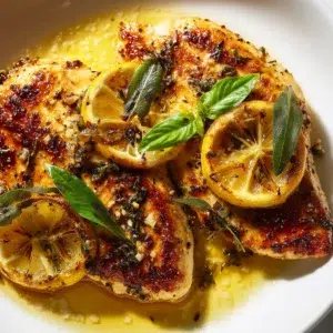 lemon chicken recipe hero shot 45 degree angle on bright table