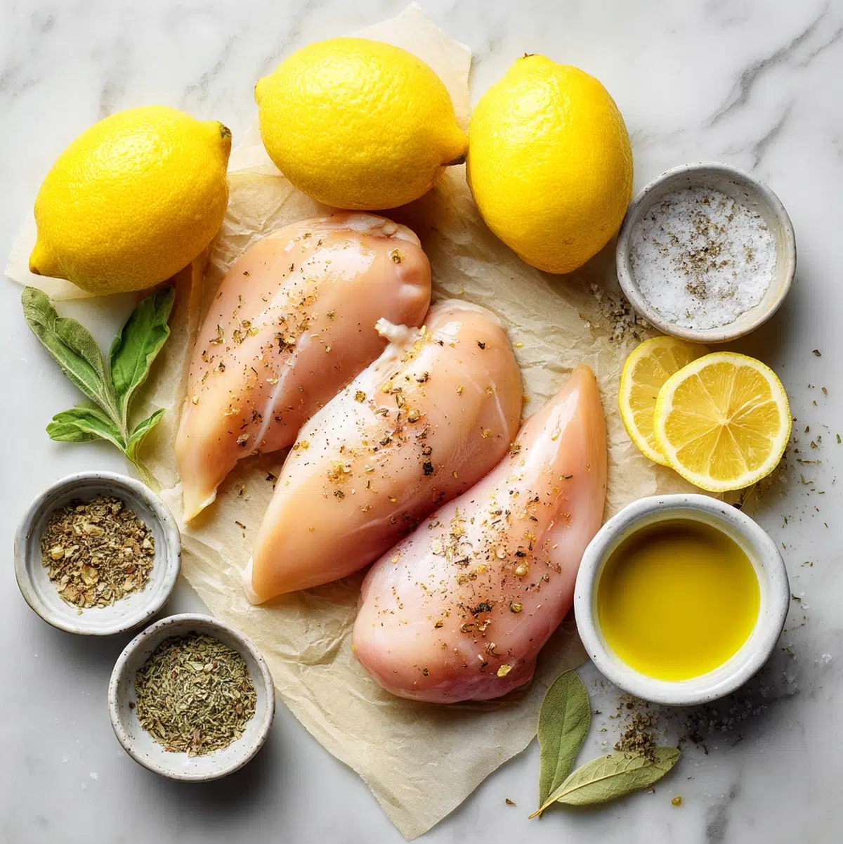 Lemon chicken recipe ingredients laid out on a cutting board including chicken, lemons, honey, cornstarch, and soy sauce