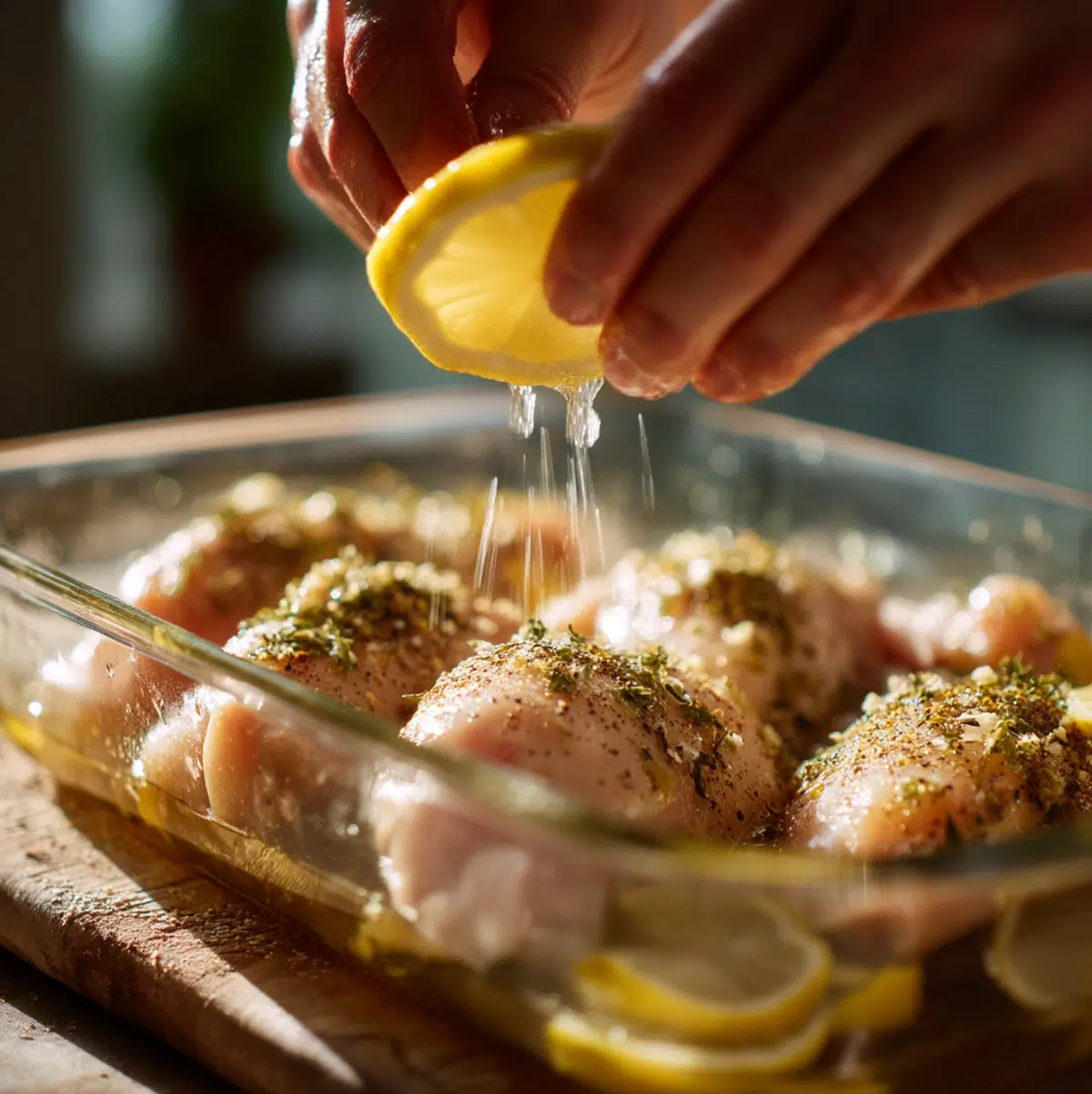 Hands coating chicken pieces in cornstarch after dipping in beaten egg - lemon chicken recipe