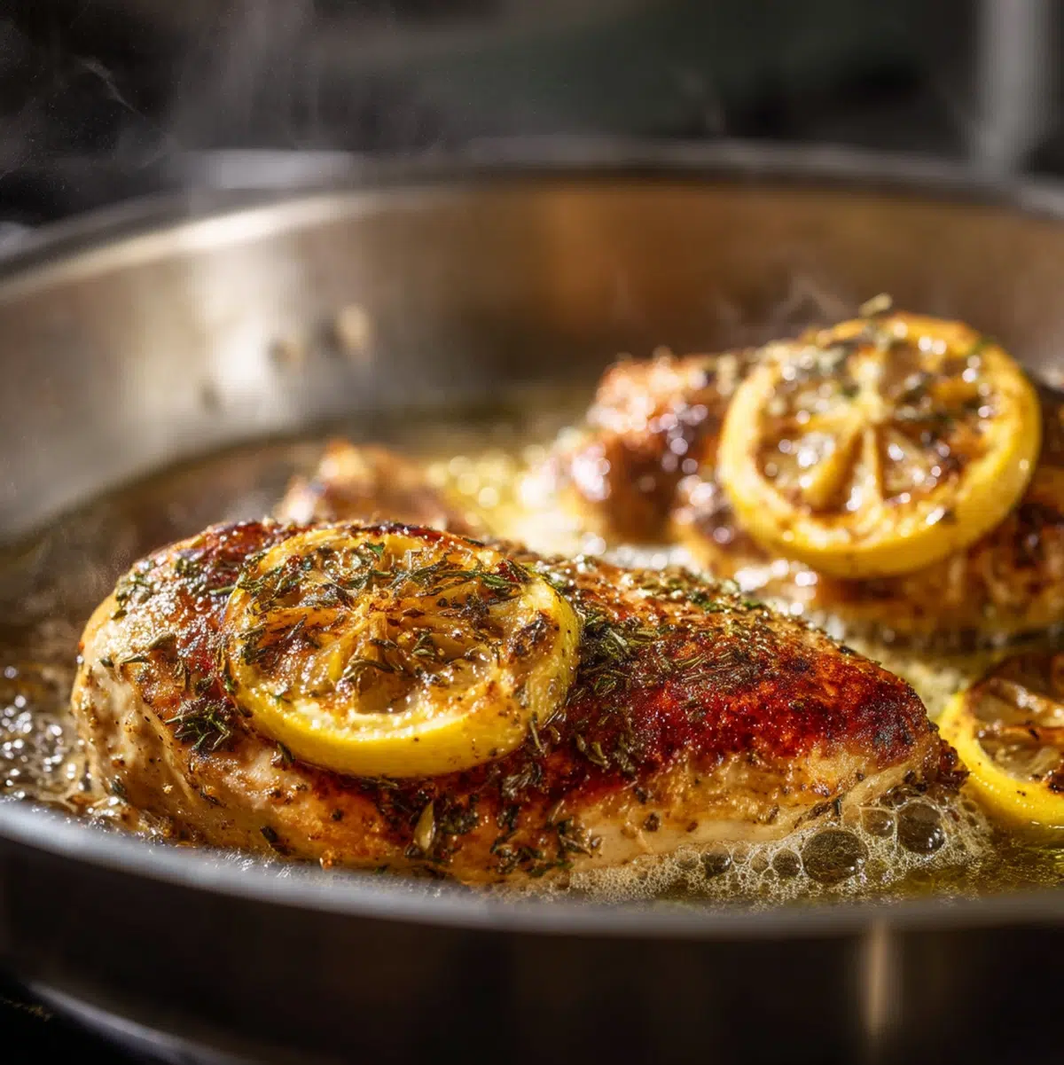 Crispy fried chicken pieces sizzling in a cast iron skillet with oil at 350 degrees - lemon chicken recipe