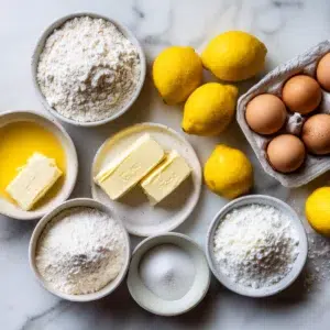 ingredients for lemon pound cake recipe arranged in prep bowls overhead view