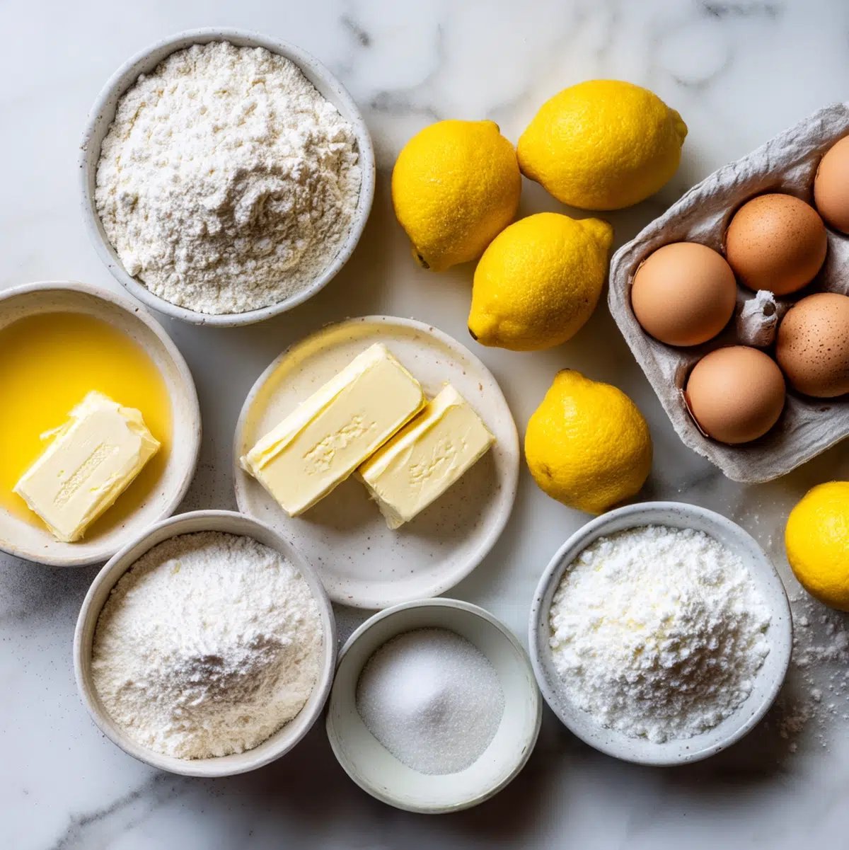ingredients for lemon pound cake recipe arranged in prep bowls overhead view