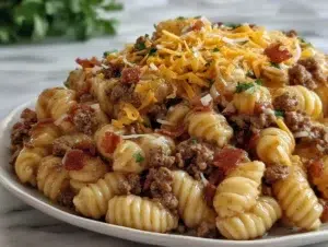 Loaded Bacon Cheeseburger Pasta (Best One-Pot Comfort Meal) 8 loaded-bacon-cheeseburger-past-serving-plate