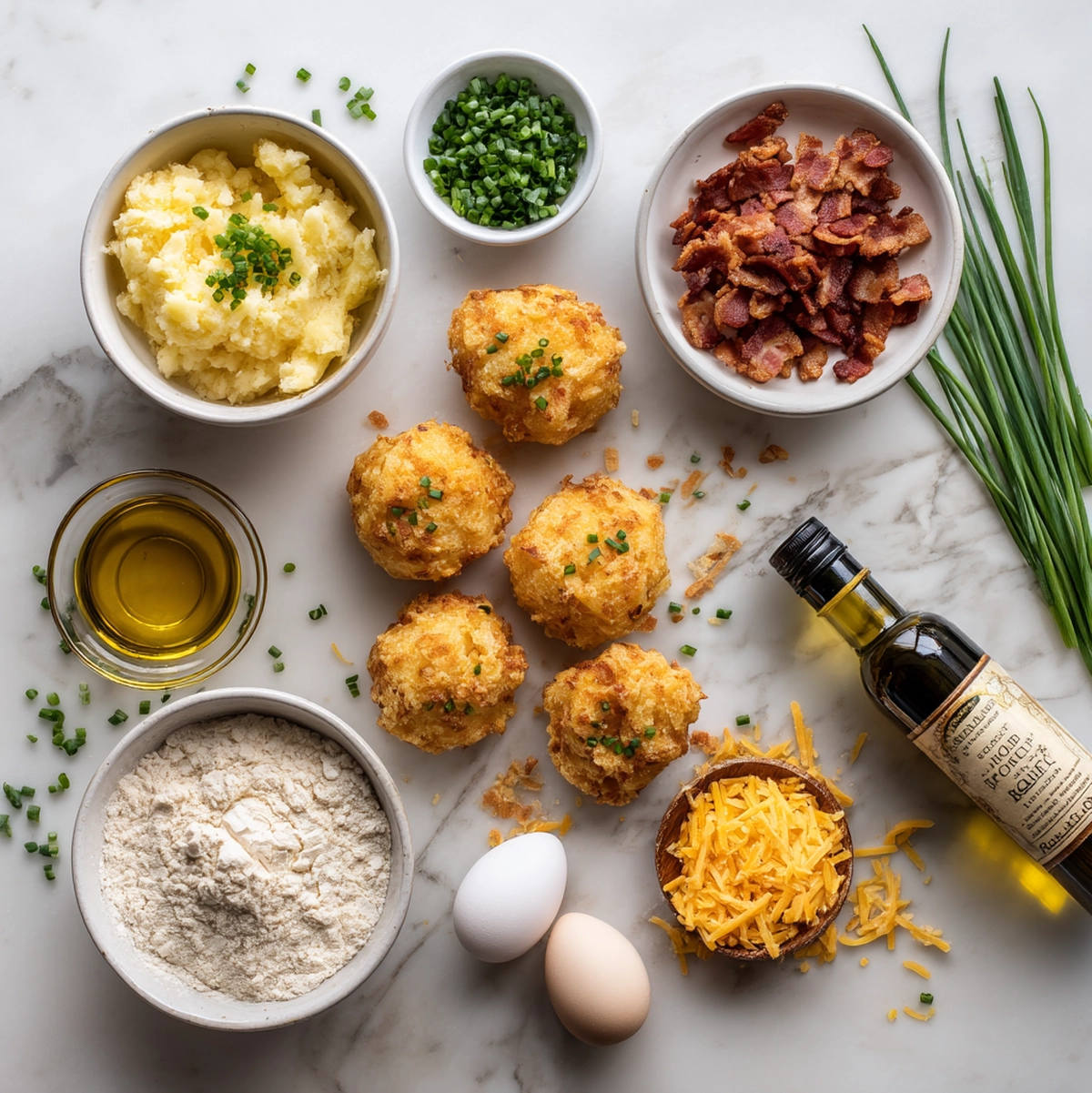 loaded mashed potato balls ingredients flat-lay showing mashed potatoes, cheddar cheese, turkey bacon, chives, eggs, Panko breadcrumbs, and flour