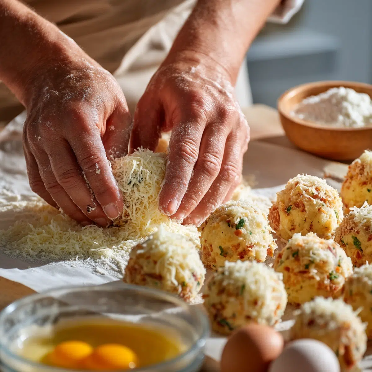 hands rolling mashed potato balls and dredging through Panko breadcrumbs during prep - loaded mashed potato balls