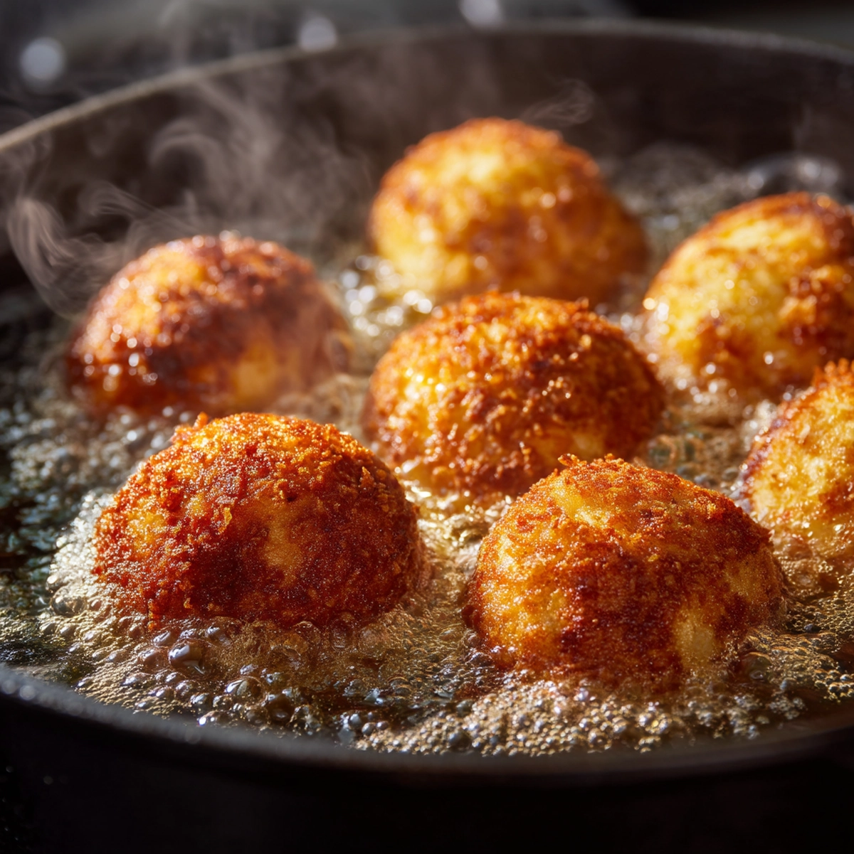 loaded mashed potato balls sizzling in vegetable oil in a cast iron skillet, turning golden amber