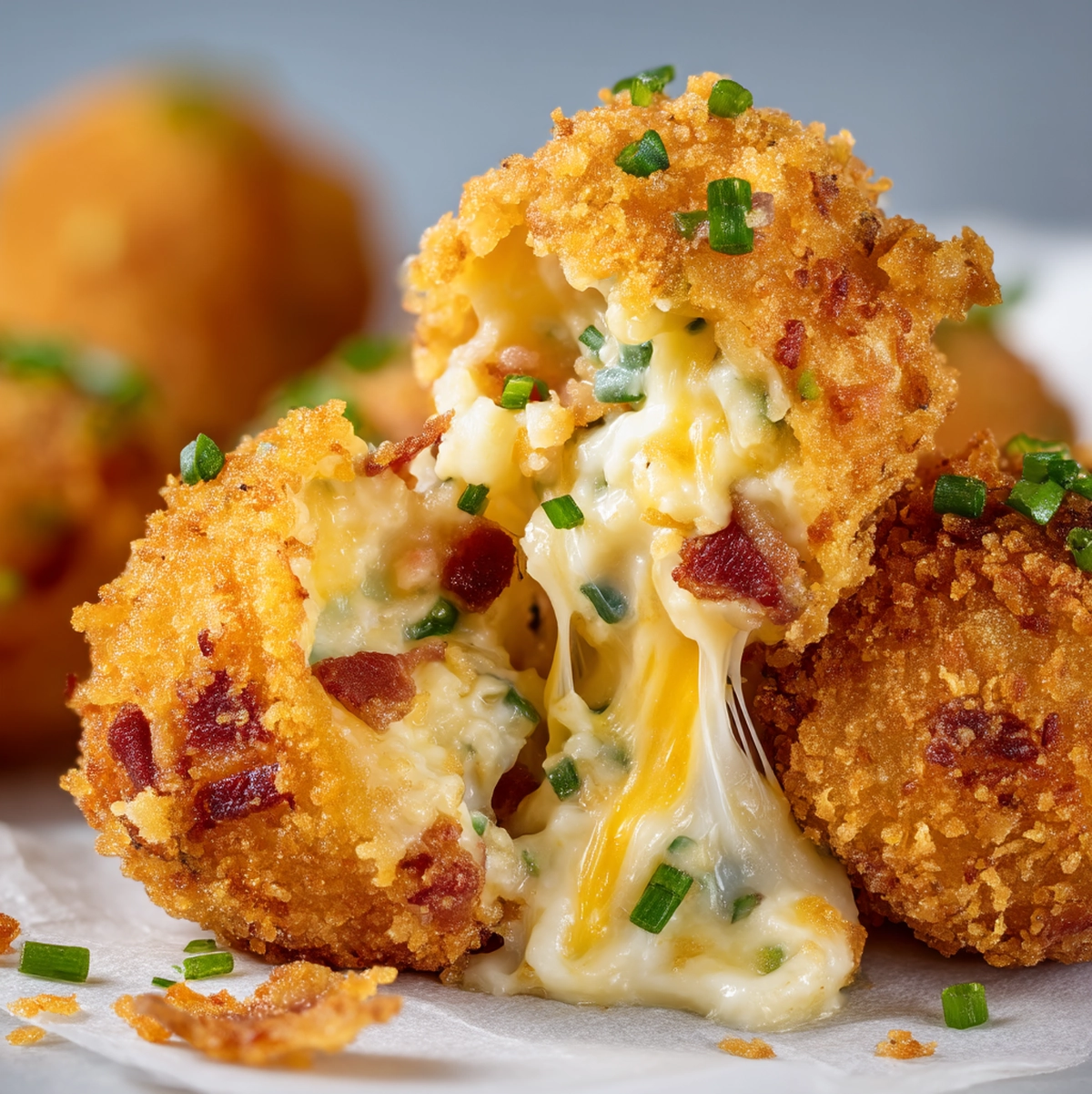 close-up detail of a loaded mashed potato ball cut in half, showing the creamy cheesy interior and crispy Panko crust