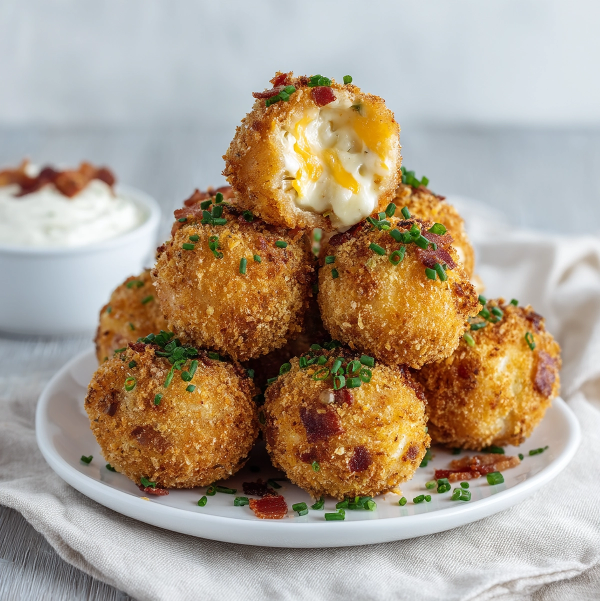 loaded mashed potato balls served on a wooden board with dipping sauces, garnished with fresh chives