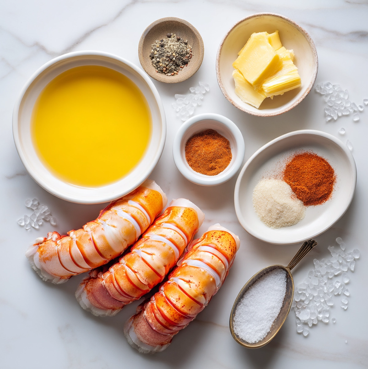 Lobster tail recipe ingredients flat-lay including Celtic sea salt, smoked paprika, garlic powder, white pepper, butter, and raw lobster tails on a marble surface