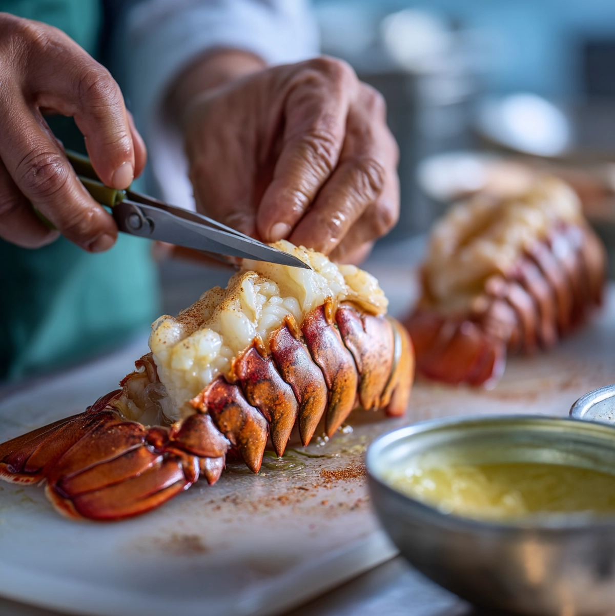 Hands using kitchen shears to butterfly a raw lobster tail shell, preparing it for the broiled lobster tail recipe