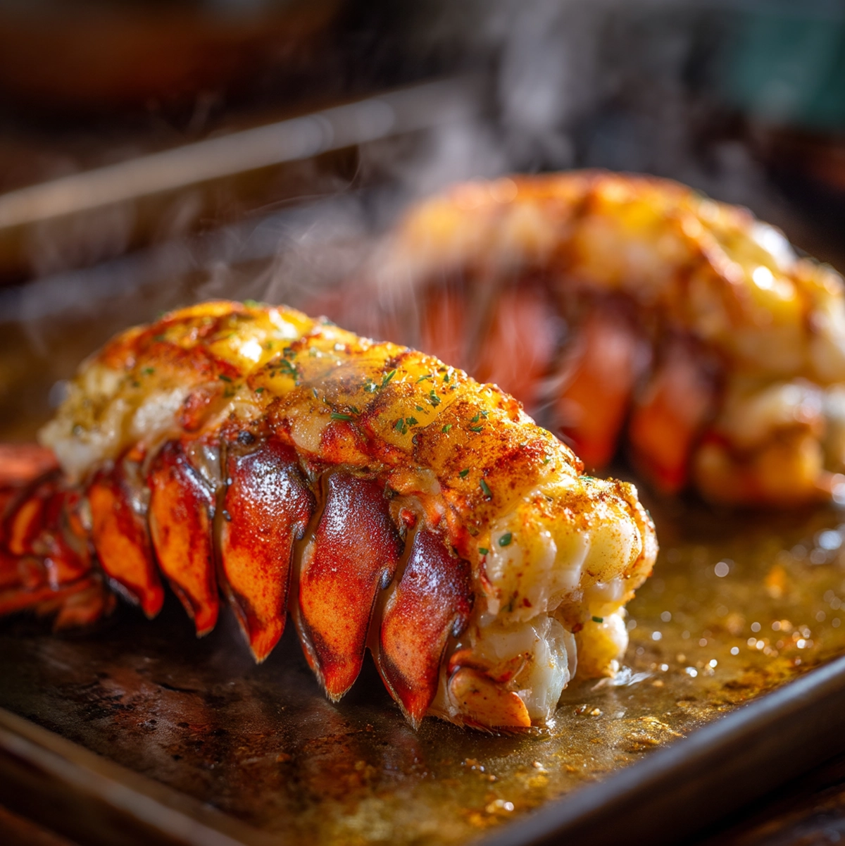 Broiled lobster tail recipe cooking transformation showing opaque white meat and caramelized smoked paprika crust under high broiler heat