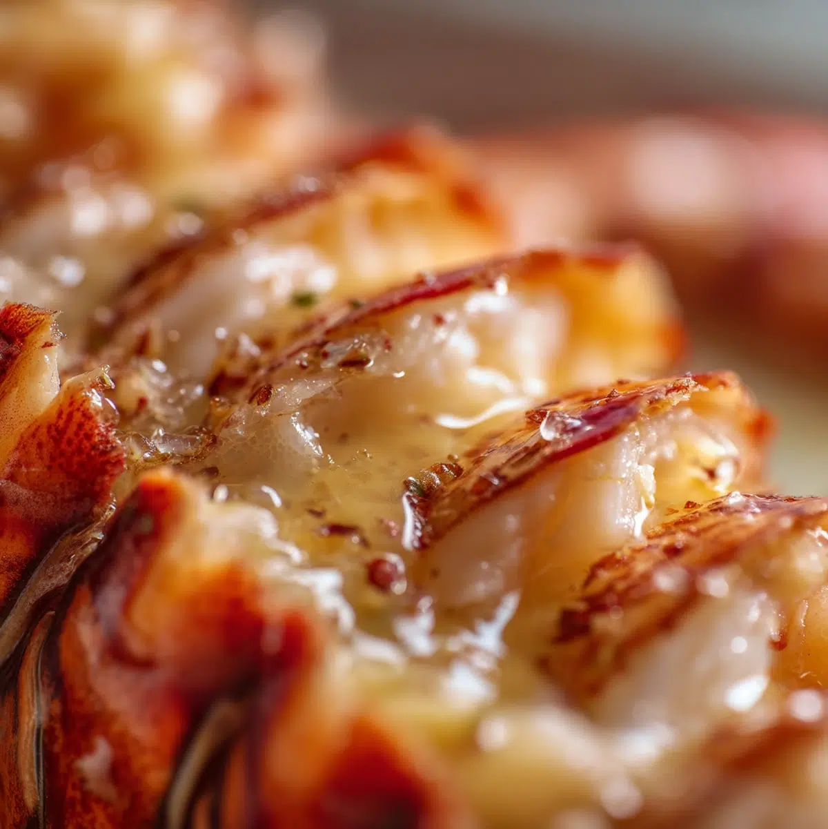 Close-up detail of broiled lobster tail recipe showing caramelized smoked paprika crust and juicy white lobster meat texture