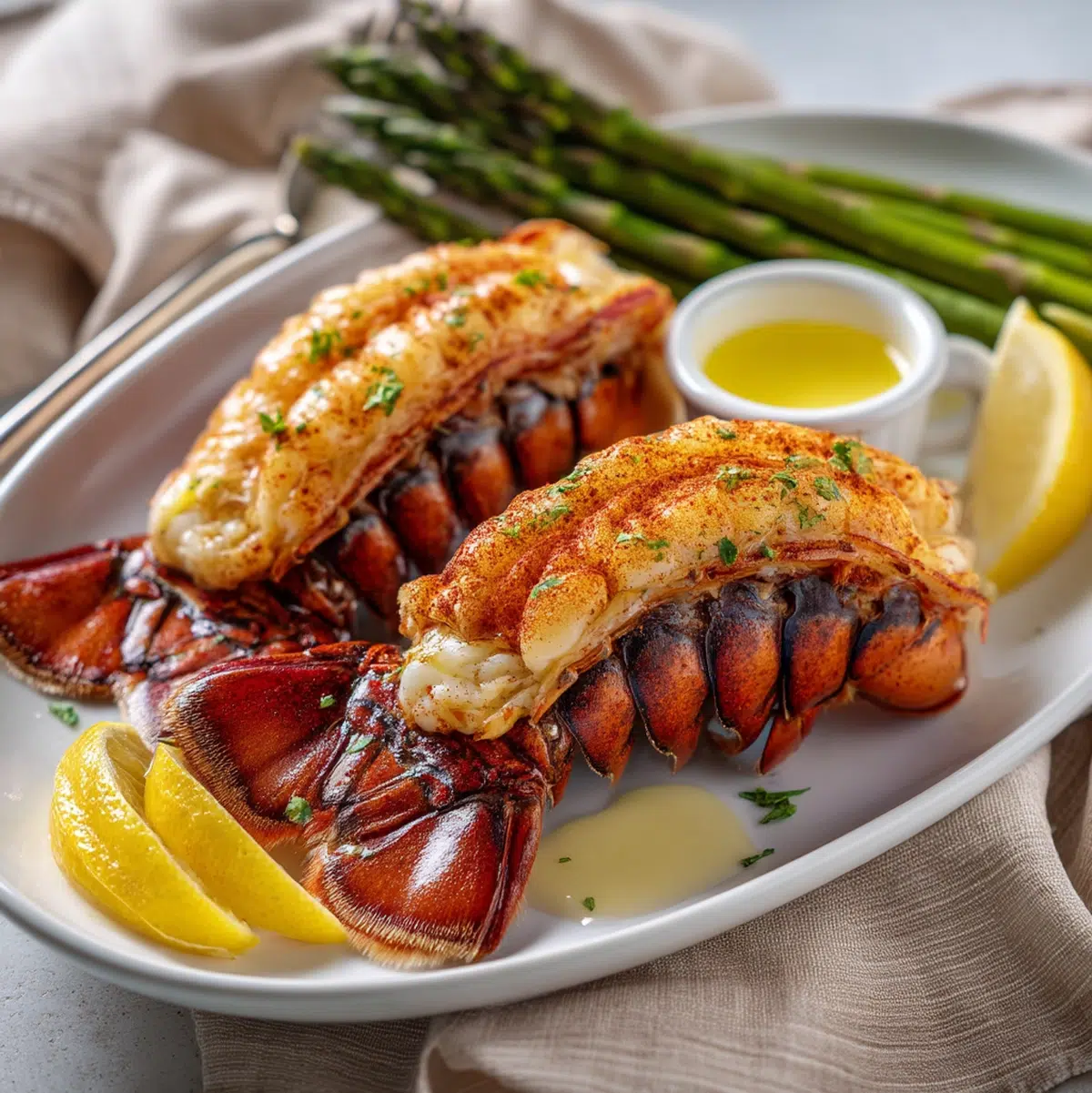 Broiled lobster tail recipe served on a white plate with drawn butter, lemon wedges, and roasted asparagus — full table scene
