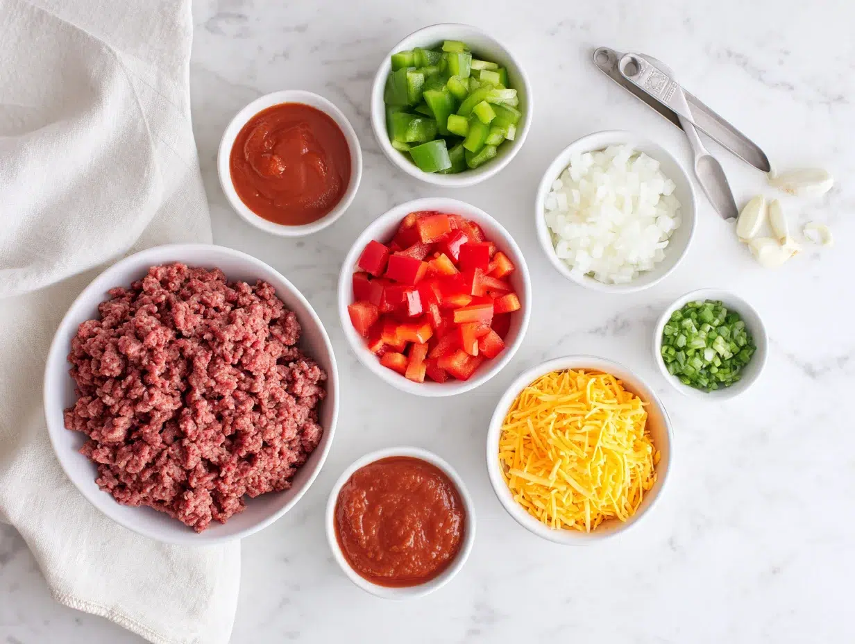 Low-Carb Taco Casserole (Easy Keto-Friendly Dinner) 3 All ingredients measured and laid out on a cutting board