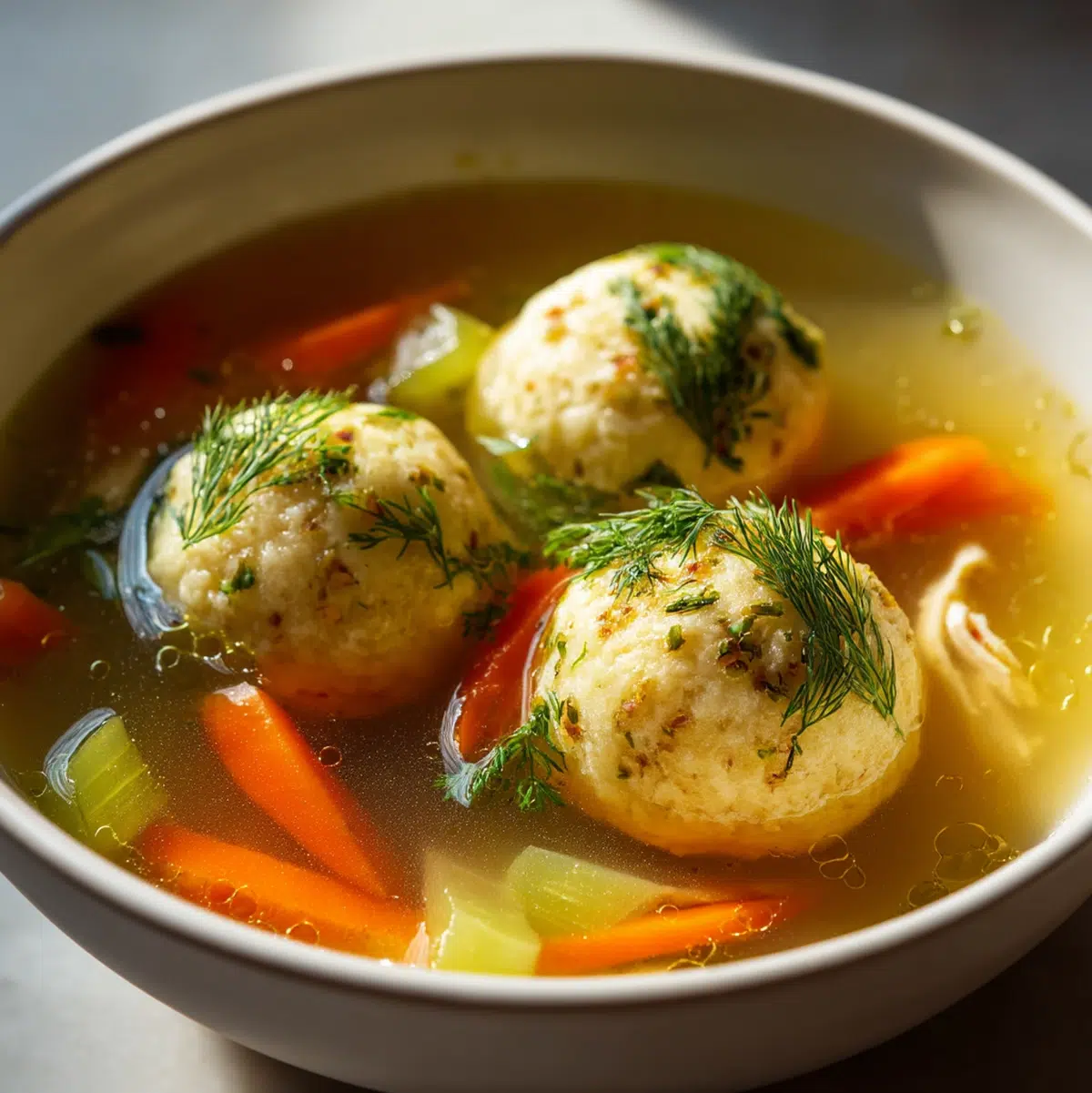 matzo ball soup recipe hero shot 45 degree angle on bright table