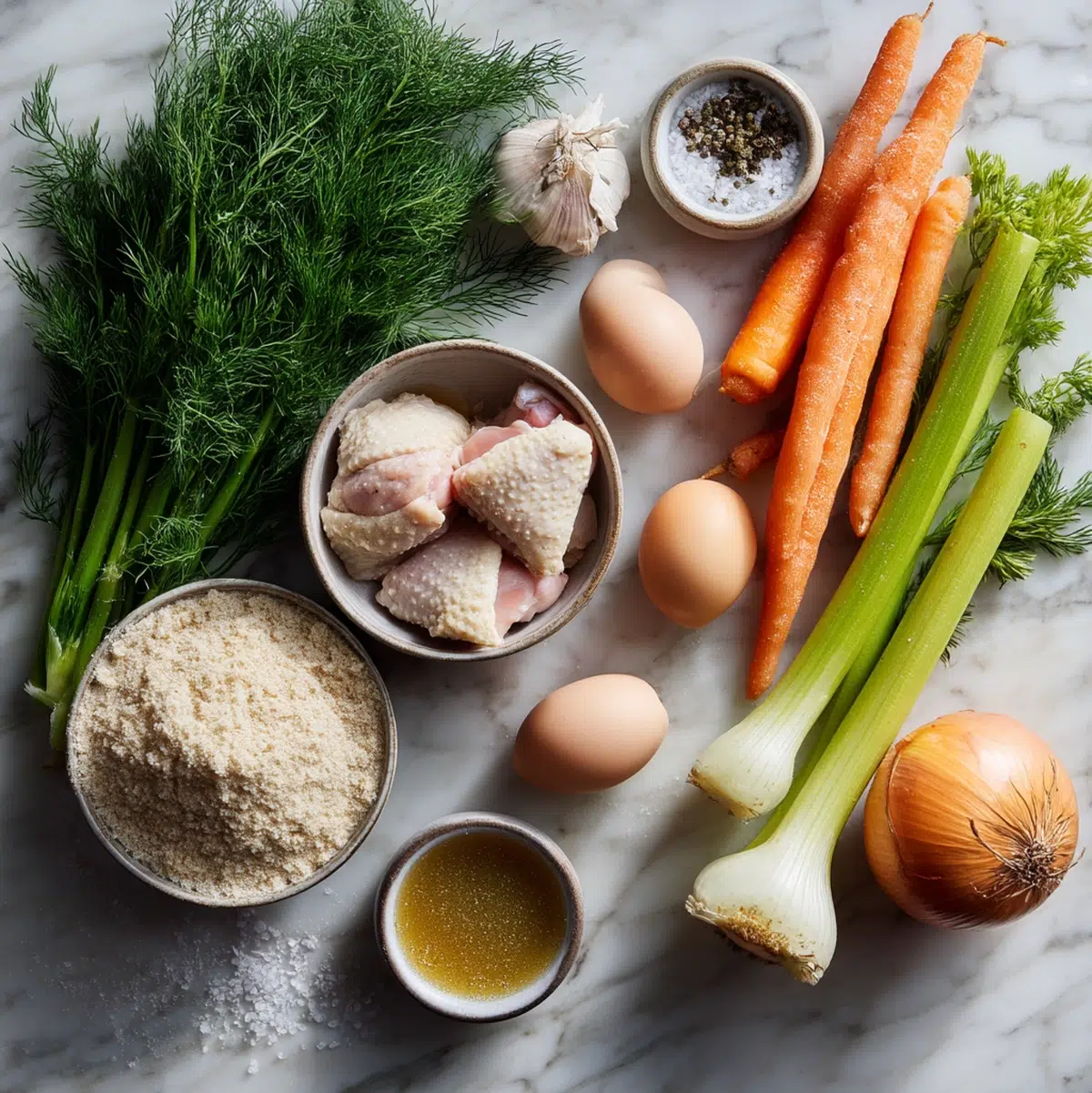 ingredients for matzo ball soup recipe arranged in prep bowls overhead view