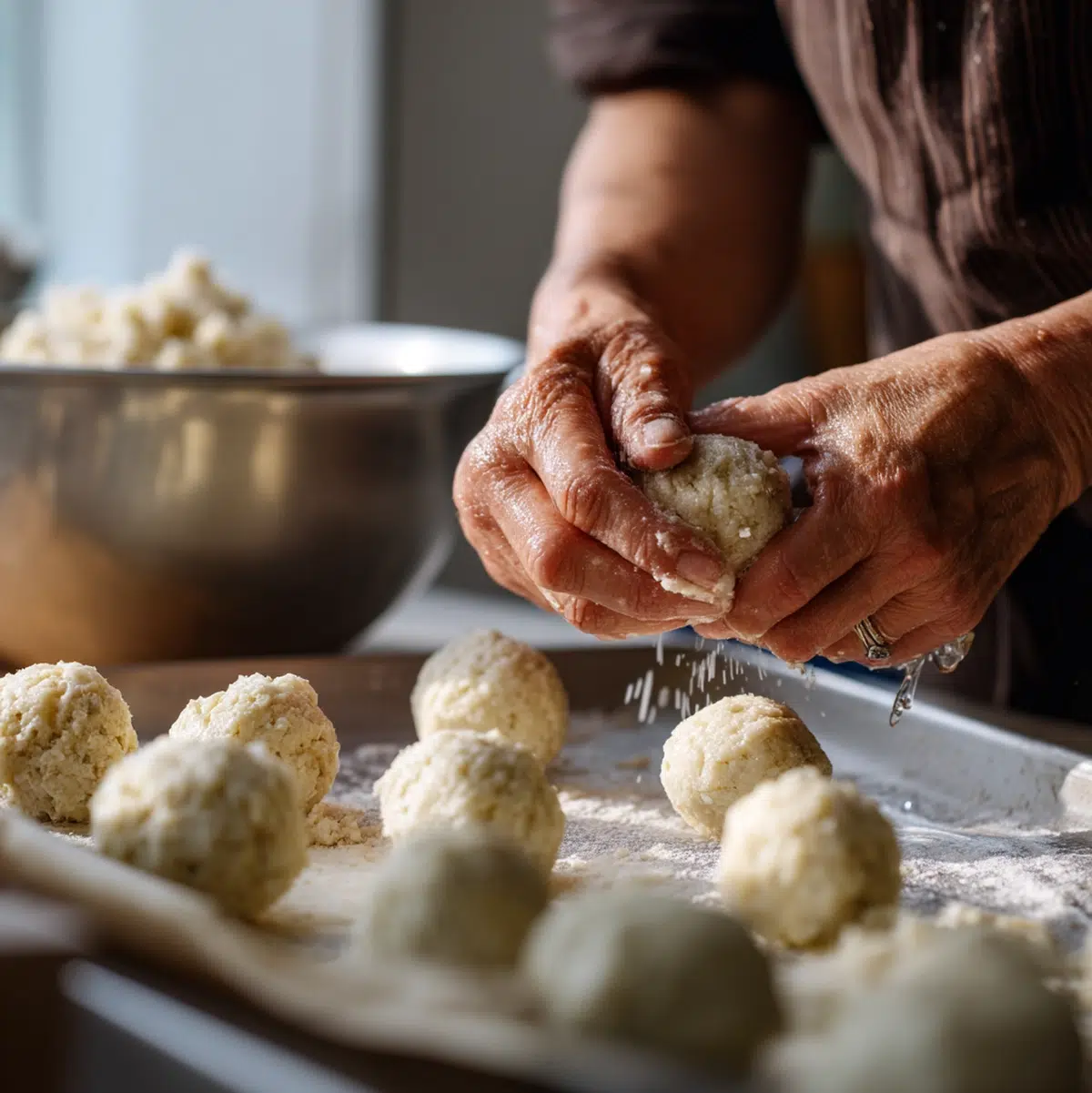 hands preparing matzo ball soup recipe on a cutting board kitchen scene