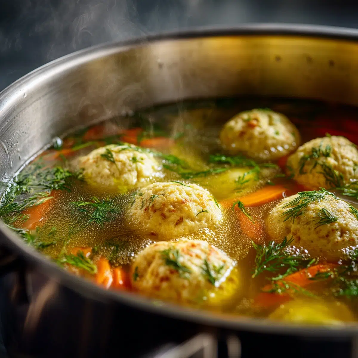 matzo ball soup recipe cooking in a pan with steam rising on stovetop