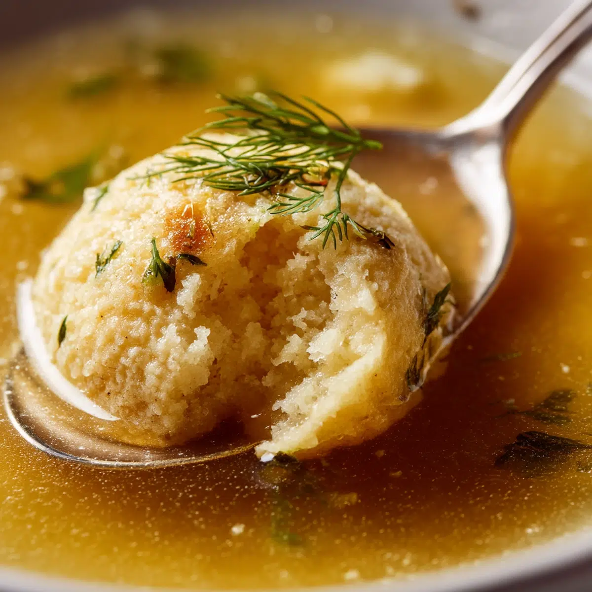 close up macro shot of matzo ball soup recipe showing texture and seasoning