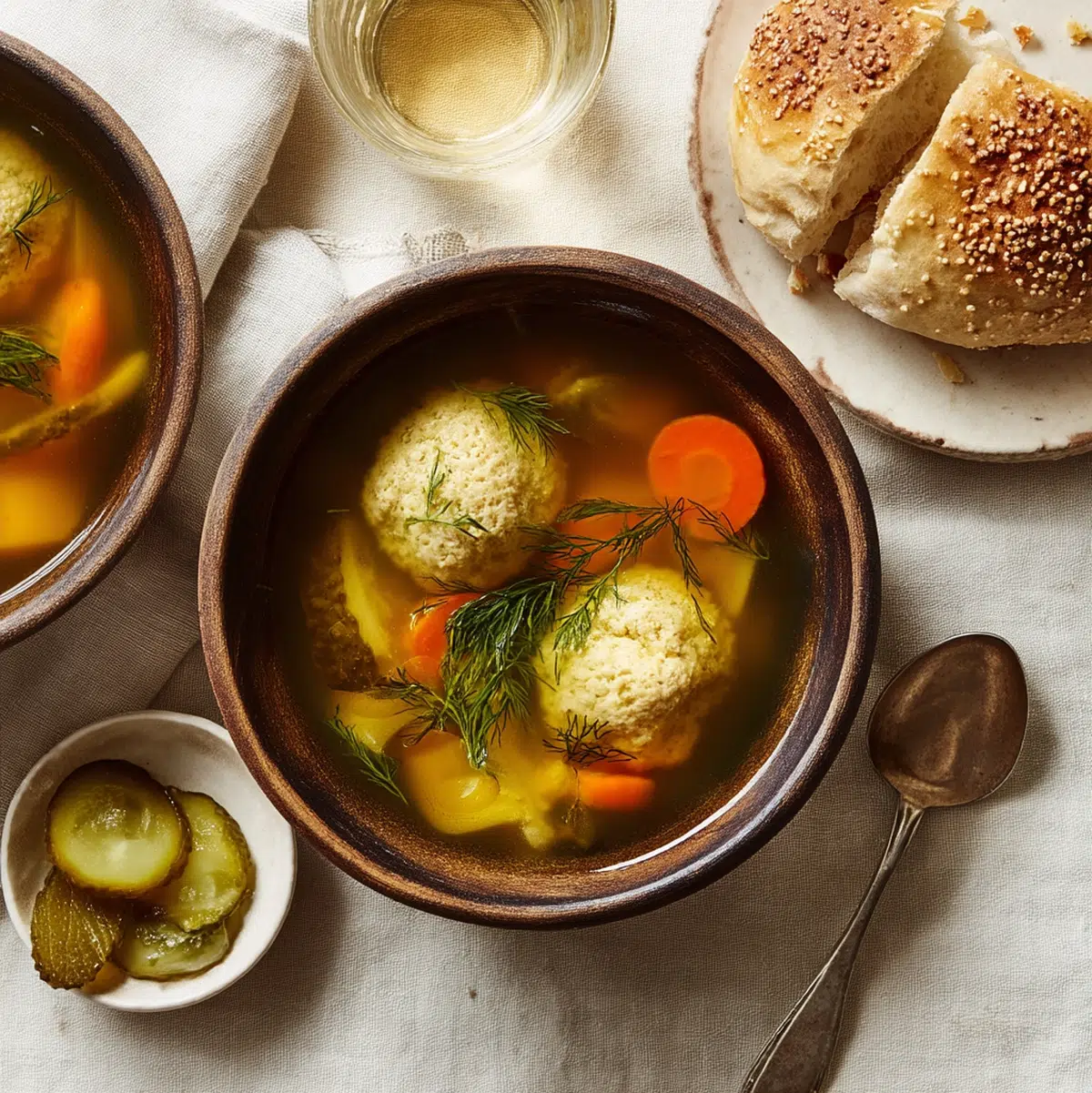 matzo ball soup recipe served on a table with side dishes bright kitchen