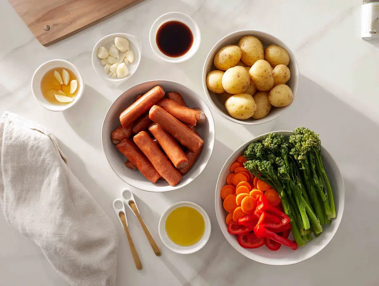 One-Pan Honey Garlic Kielbasa & Veggies (Family Delight) 3 All ingredients measured and laid out on a cutting board