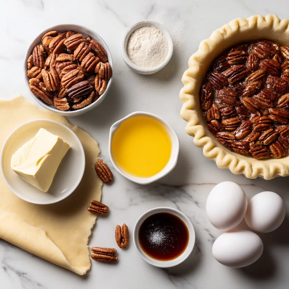 Pecan Pie Recipe (Chef-Tested, Ready in 9 Hours) 15 ingredients for pecan pie recipe arranged in prep bowls overhead view
