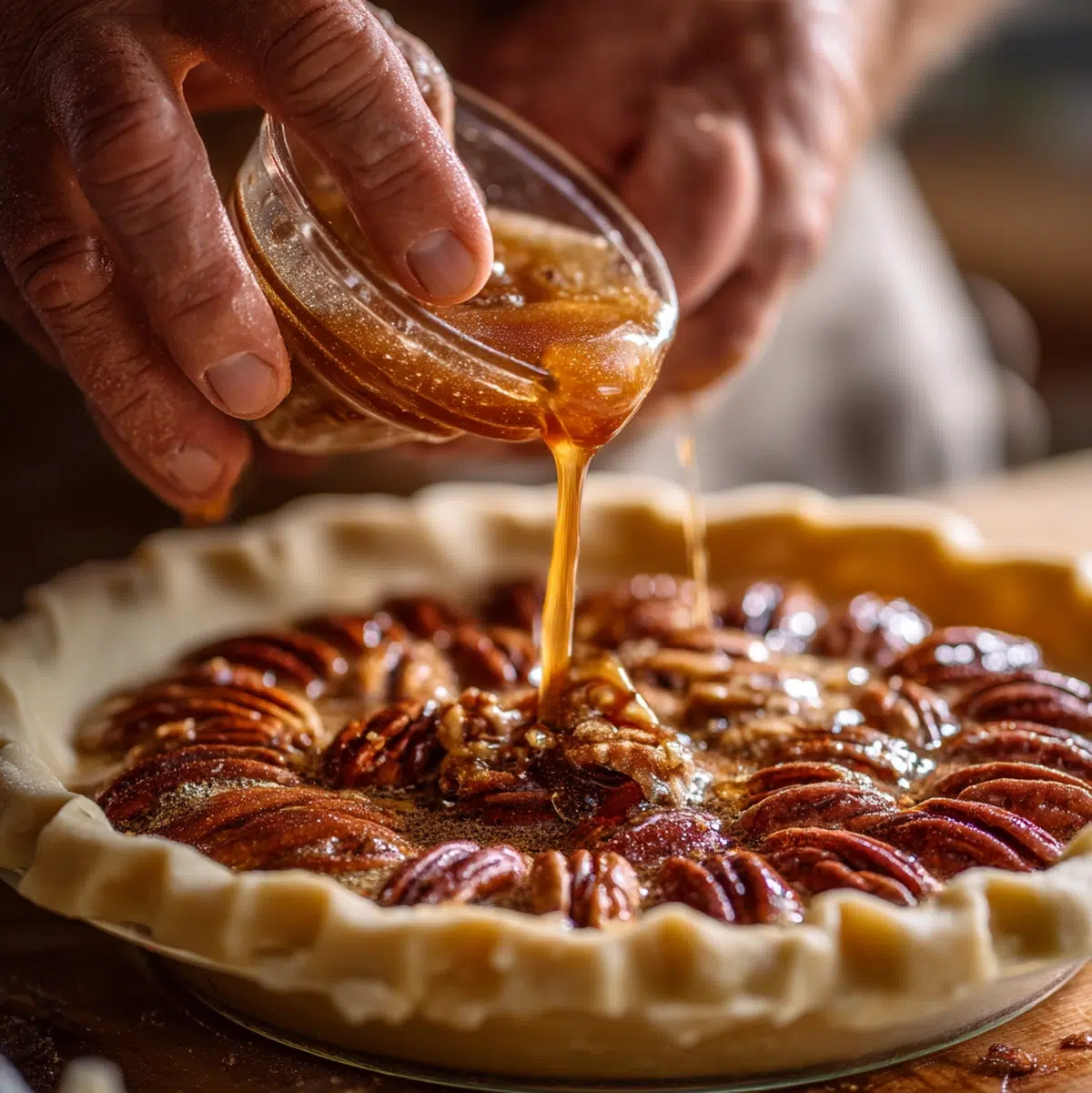 Pecan Pie Recipe (Chef-Tested, Ready in 9 Hours) 16 hands preparing pecan pie recipe on a cutting board kitchen scene
