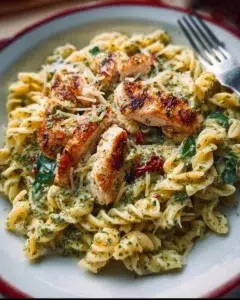Delicious Pesto Pasta with Chicken served in a bowl with fresh basil.