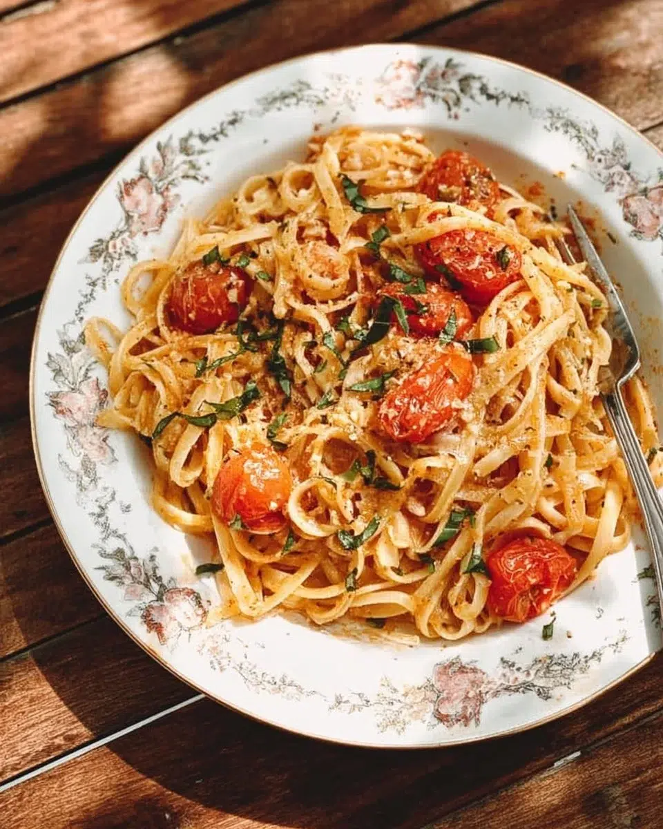 A plate of Positano-Style Linguine garnished with fresh herbs and seafood