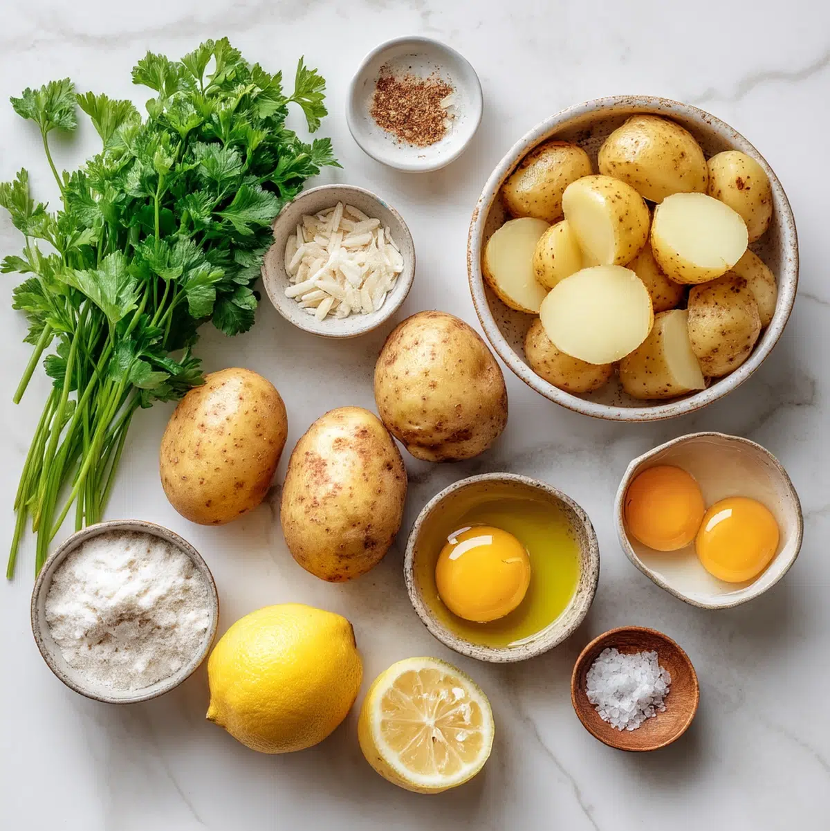 Potato kugel recipe ingredients including russet potatoes, Yukon gold potatoes, eggs, ground almonds, and fresh parsley arranged on a cutting board