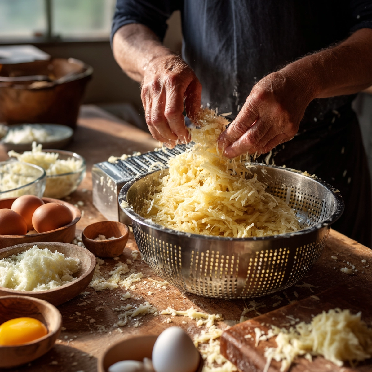 Hands grating russet potatoes on a box grater into a large mixing bowl with lemon juice and eggs - potato kugel recipe