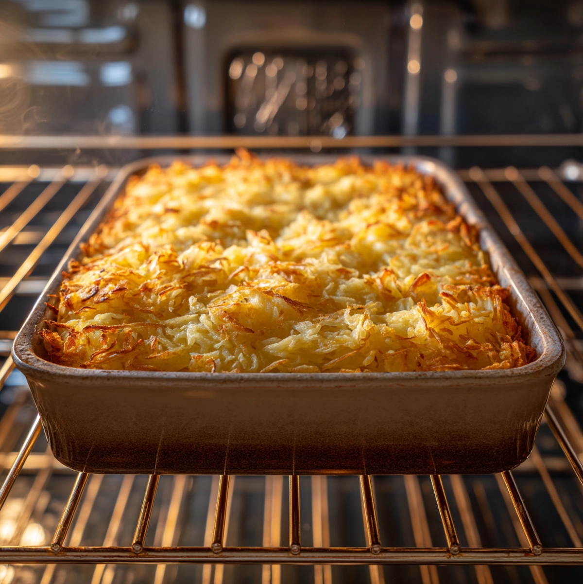 Potato kugel in a metal pan going into the oven, showing sliced Yukon Gold topping brushed with olive oil