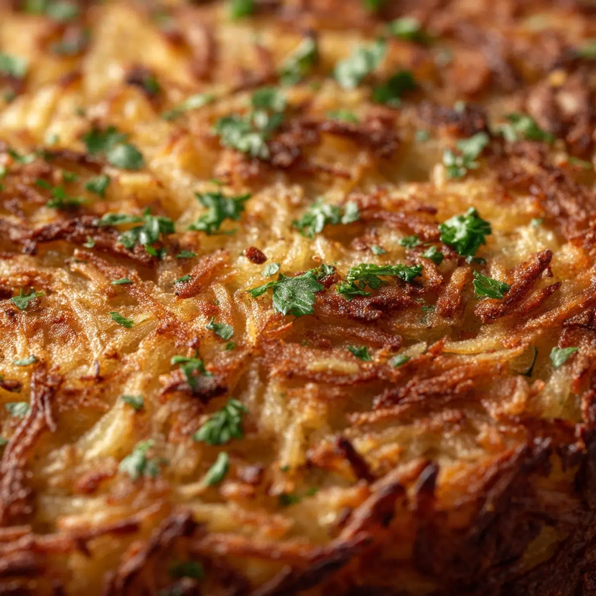 Close-up of crispy potato kugel texture showing the contrast between the amber top crust and creamy interior