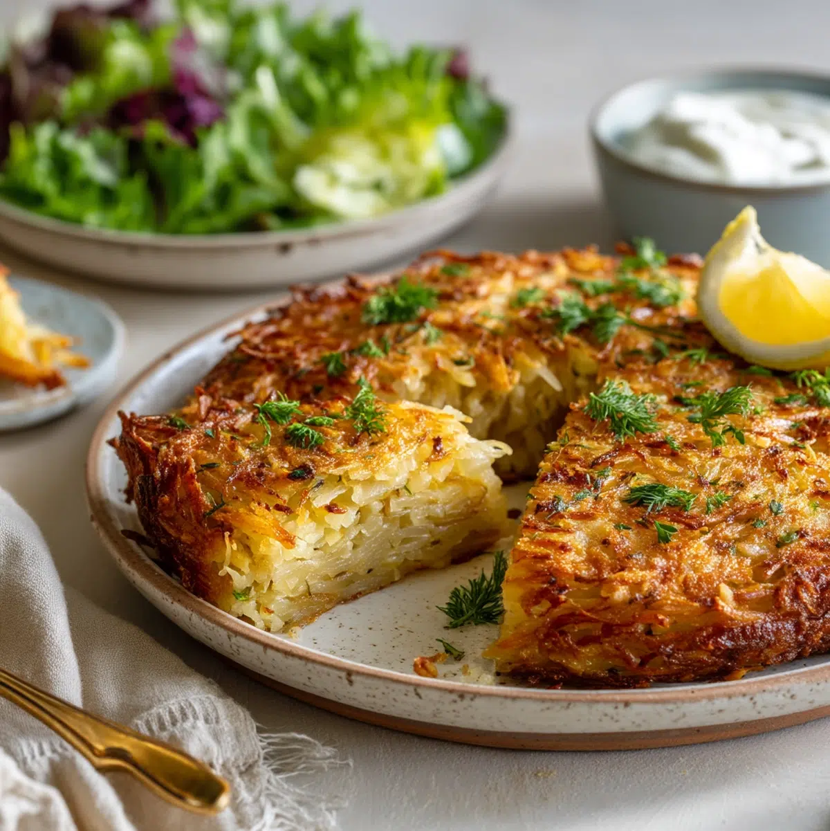 Sliced potato kugel served on a table alongside roasted vegetables and a fresh salad - potato kugel recipe