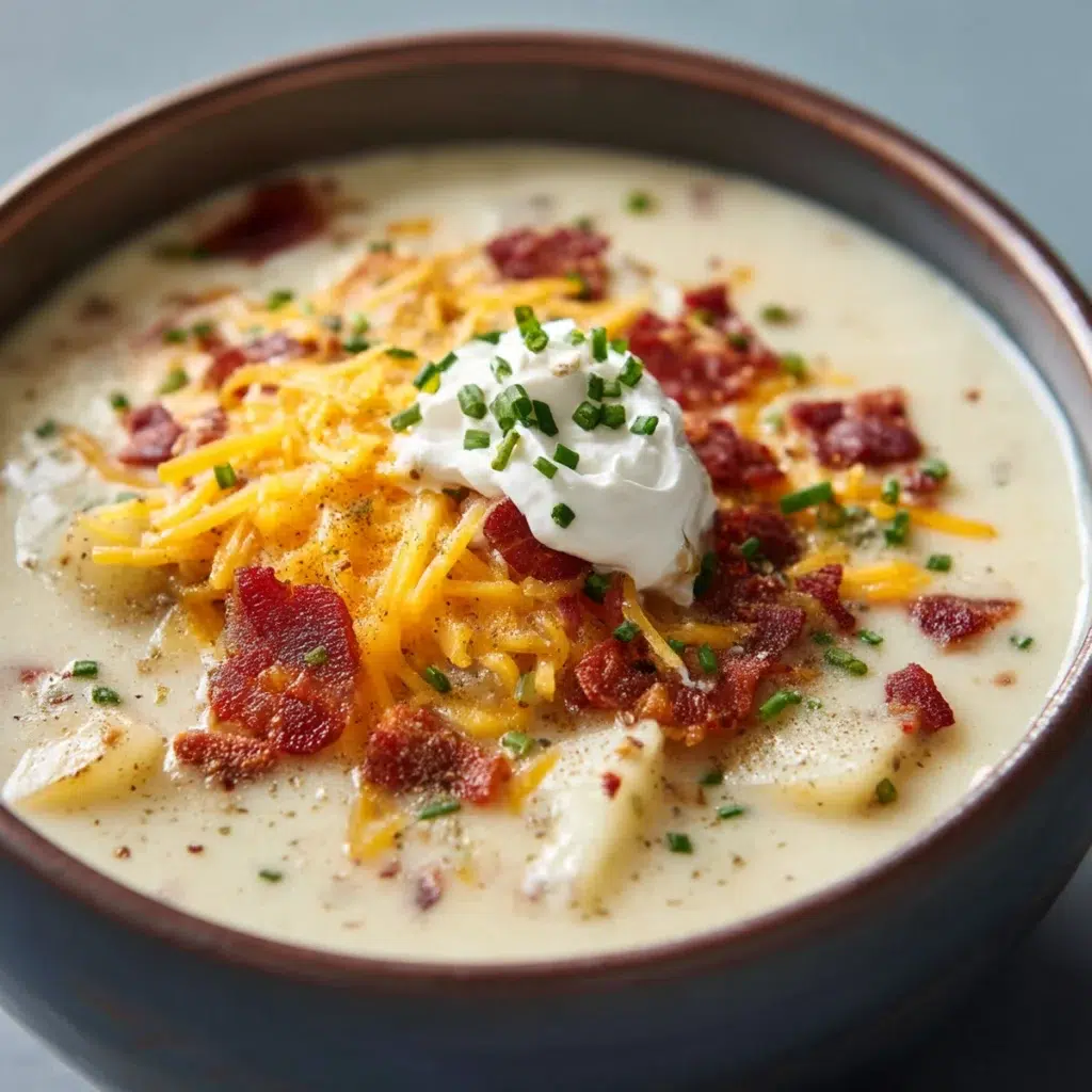 potato soup recipe hero shot 45 degree angle on bright table