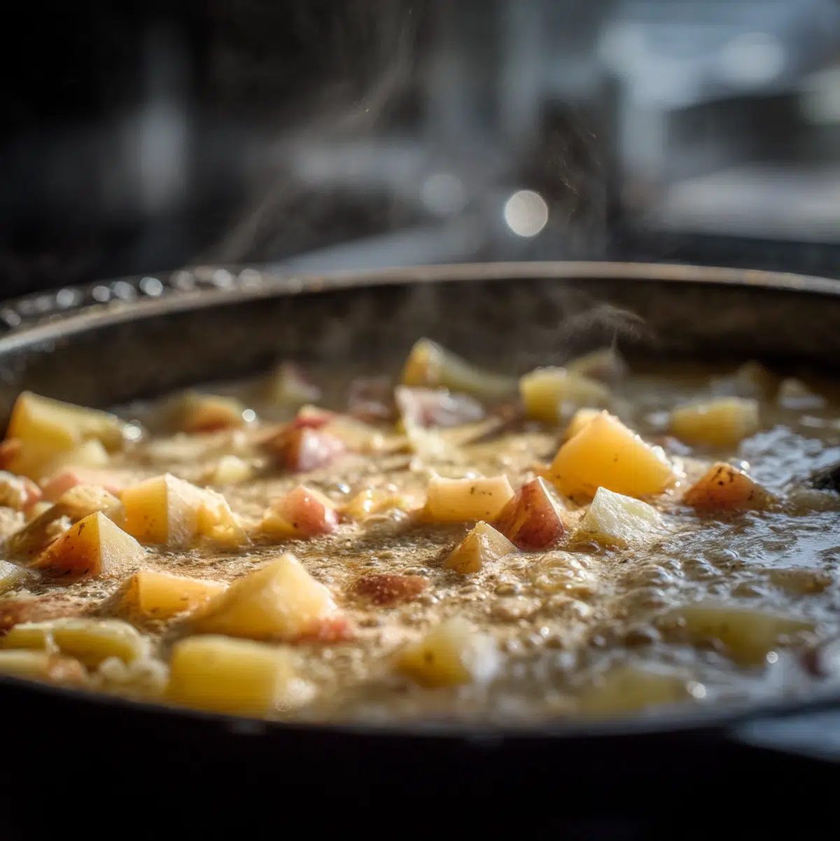 potato soup recipe cooking in a pan with steam rising on stovetop