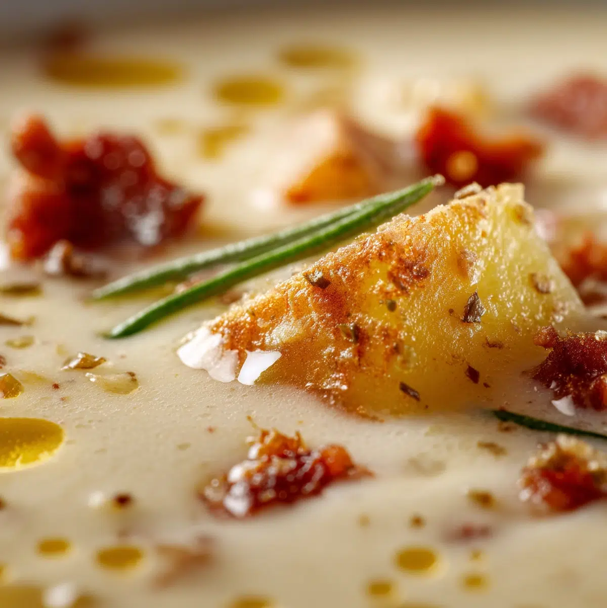 close up macro shot of potato soup recipe showing texture and seasoning