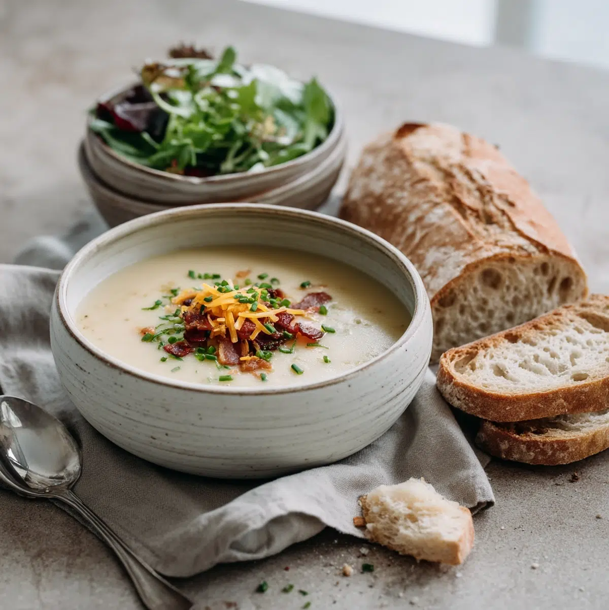 potato soup recipe served on a table with side dishes bright kitchen