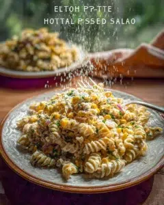 Colorful bowl of protein-packed elote pasta salad with corn and spices